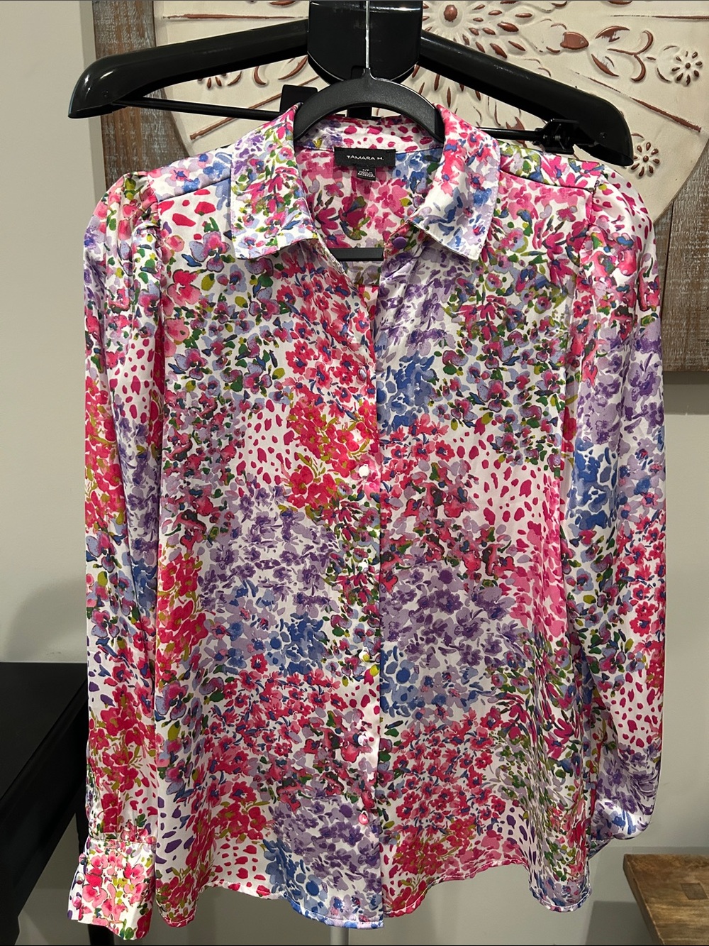 Tamara H Women’s Floral Button-Front Blouse in Pink, Purple and Blue/ Size Small